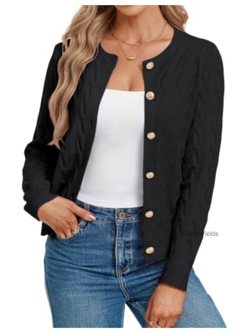 Women's Button Up Cable Knit Cardigan Sweater Crew Neck Long Sleeve